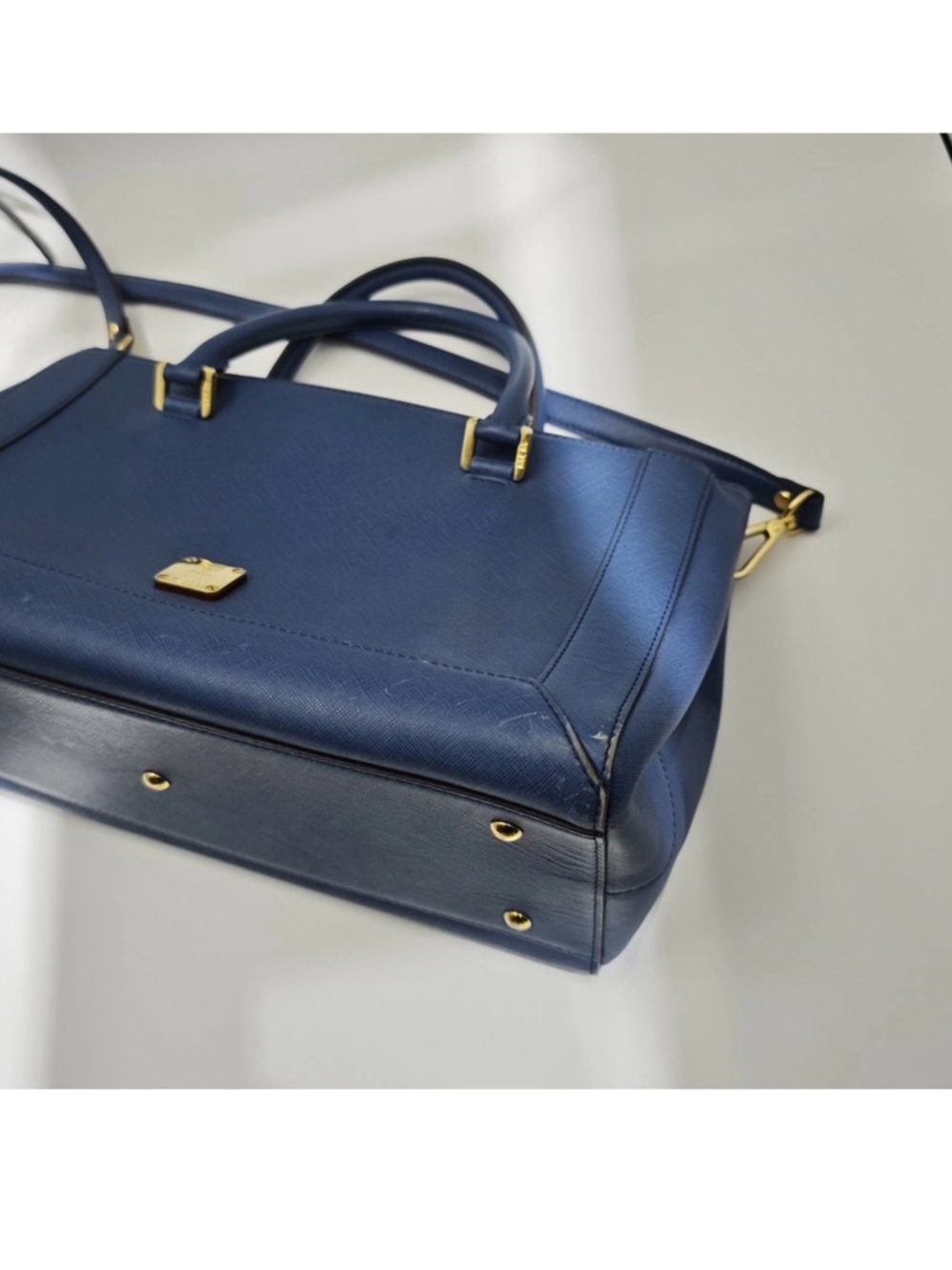 MCM Blue Leather Structured Top-Handle Satchel with Gold Hardware - Picture 6 of 10